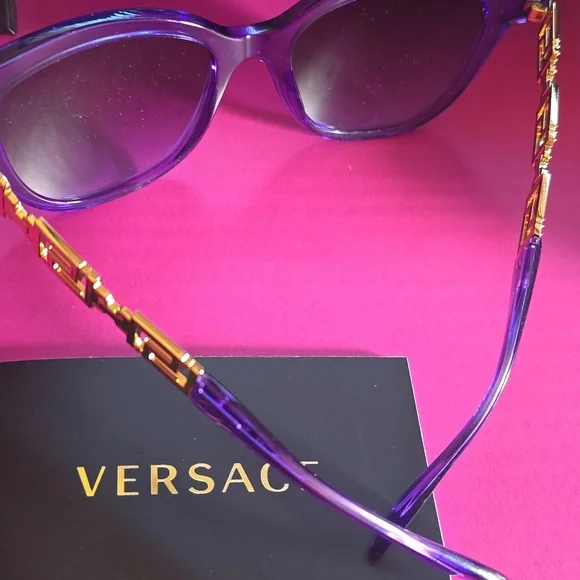 Versace Purple Gradient Cat-Eye Sunglasses with Gold Greek Key Accent - Picture 9 of 10